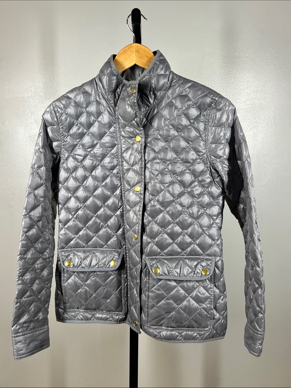 J. Crew Silver Diamond-Quilted Snap Front Puffer Jacket